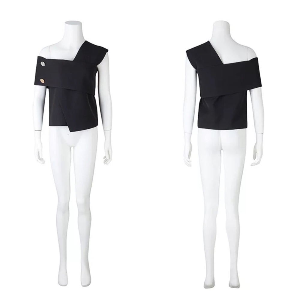 Black & White Asymmetrical Shoulder Button Top - Picture 6 of 8